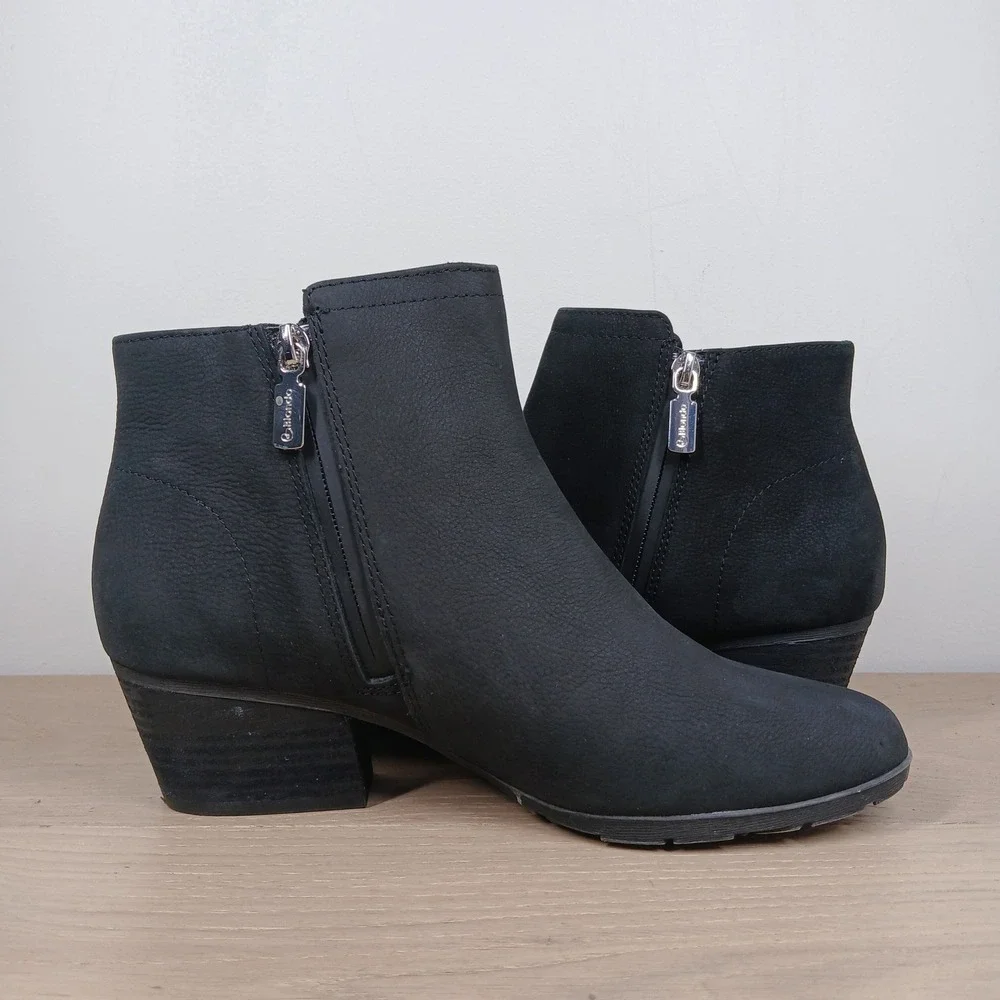 Blondo Ankle Boots Womens 9 Black Leather Waterproof Side Zip Stacked Block Heel